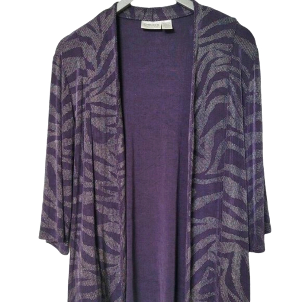 Chicos Travelers Lightweight Open Front Knit Stretch Cardigan Plum/Silver sz 2/L